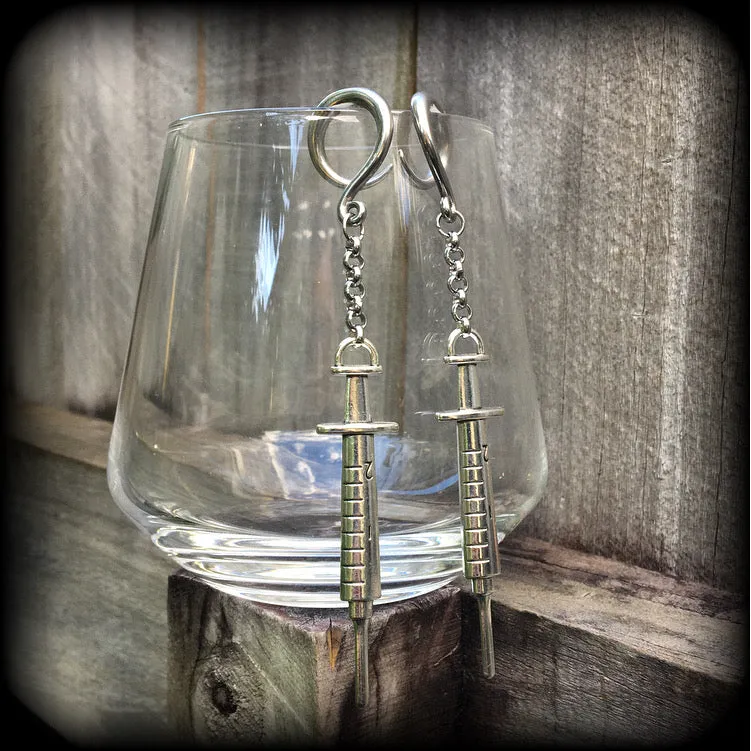 Antique syringe ear hangers-Halloween ear gauges