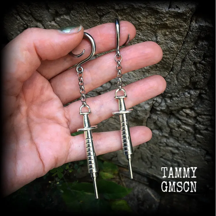 Antique syringe ear hangers-Halloween ear gauges
