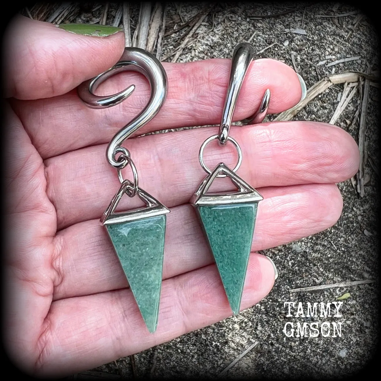 Aventurine gemstone gauged earrings-Gemstone ear hangers