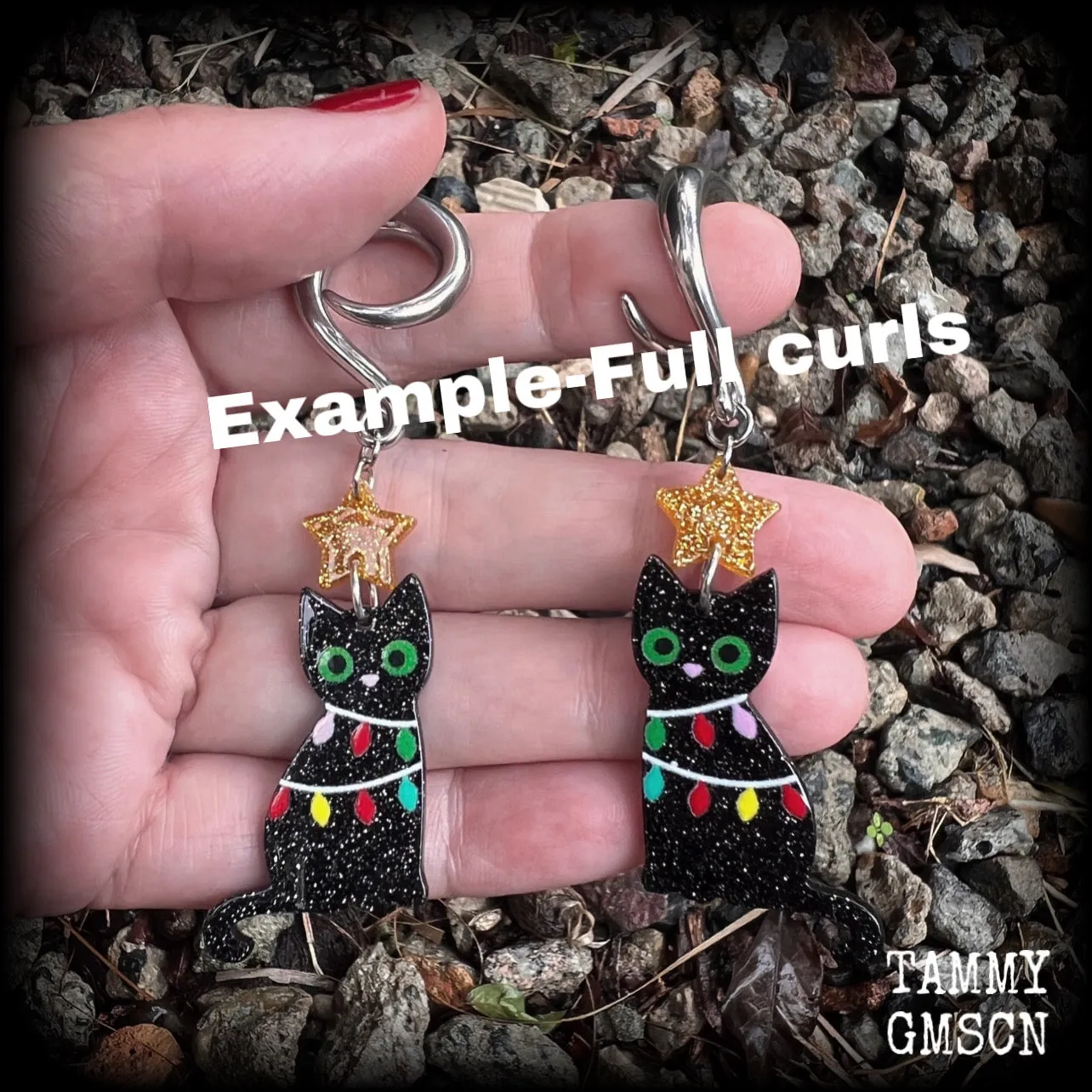 Black cat christmas earrings-Christmas gauged earrings