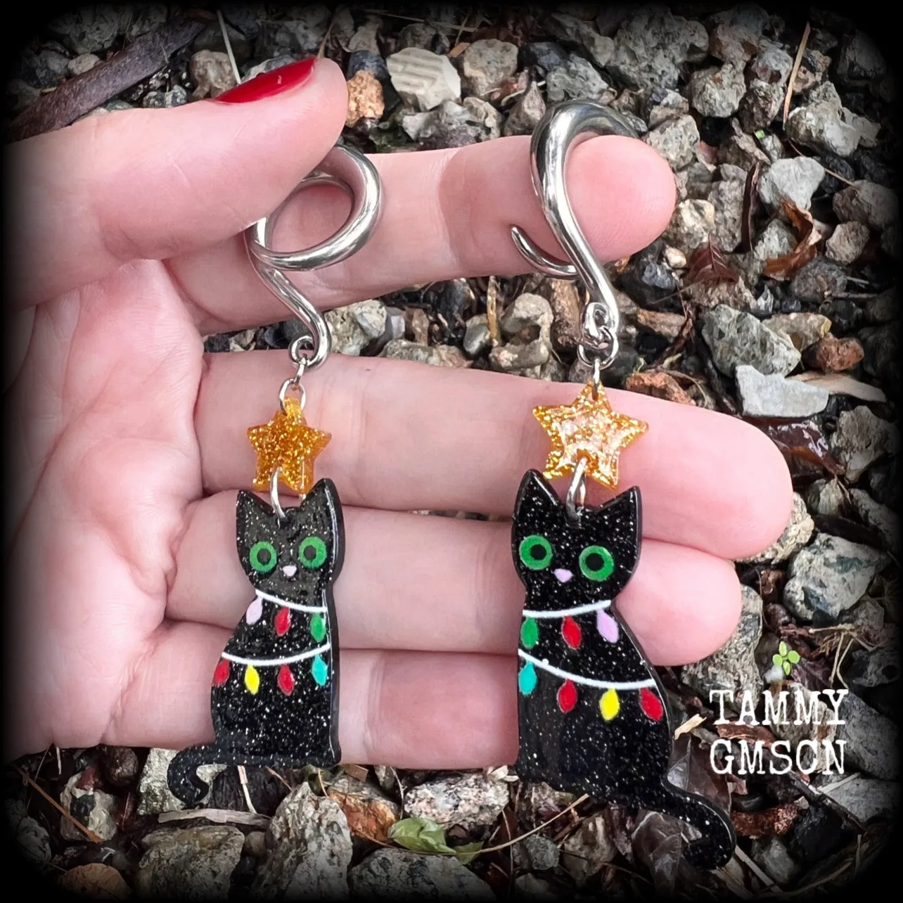 Black cat christmas earrings-Christmas gauged earrings