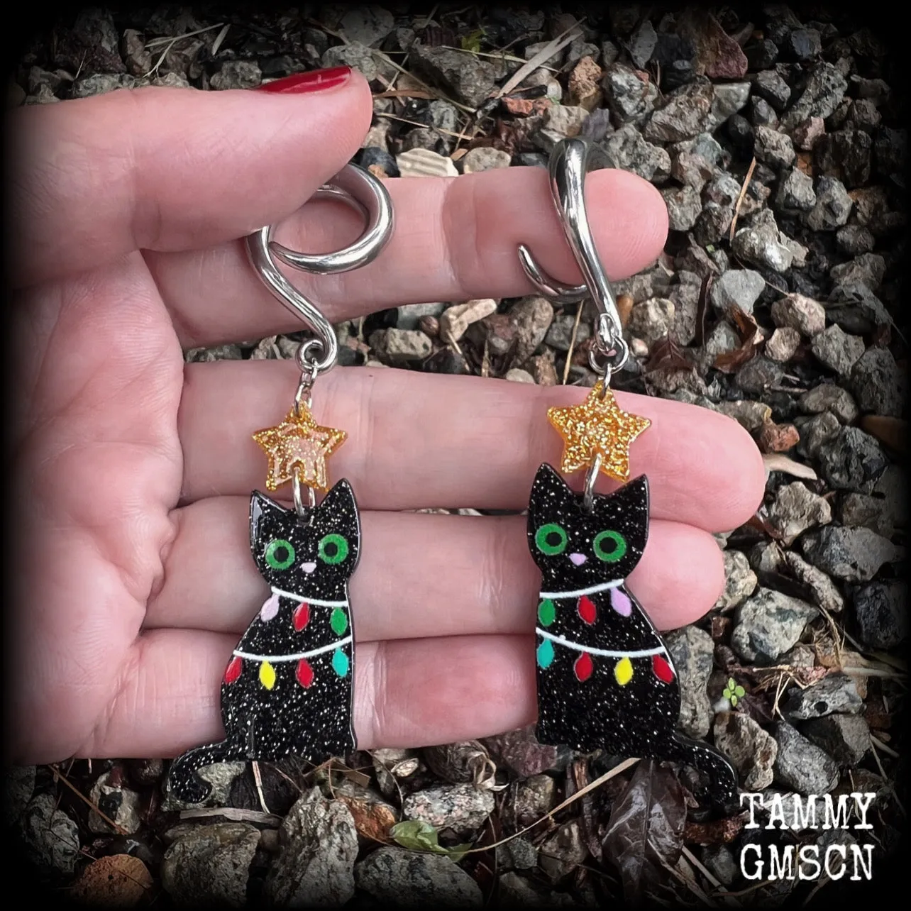 Black cat christmas earrings-Christmas gauged earrings