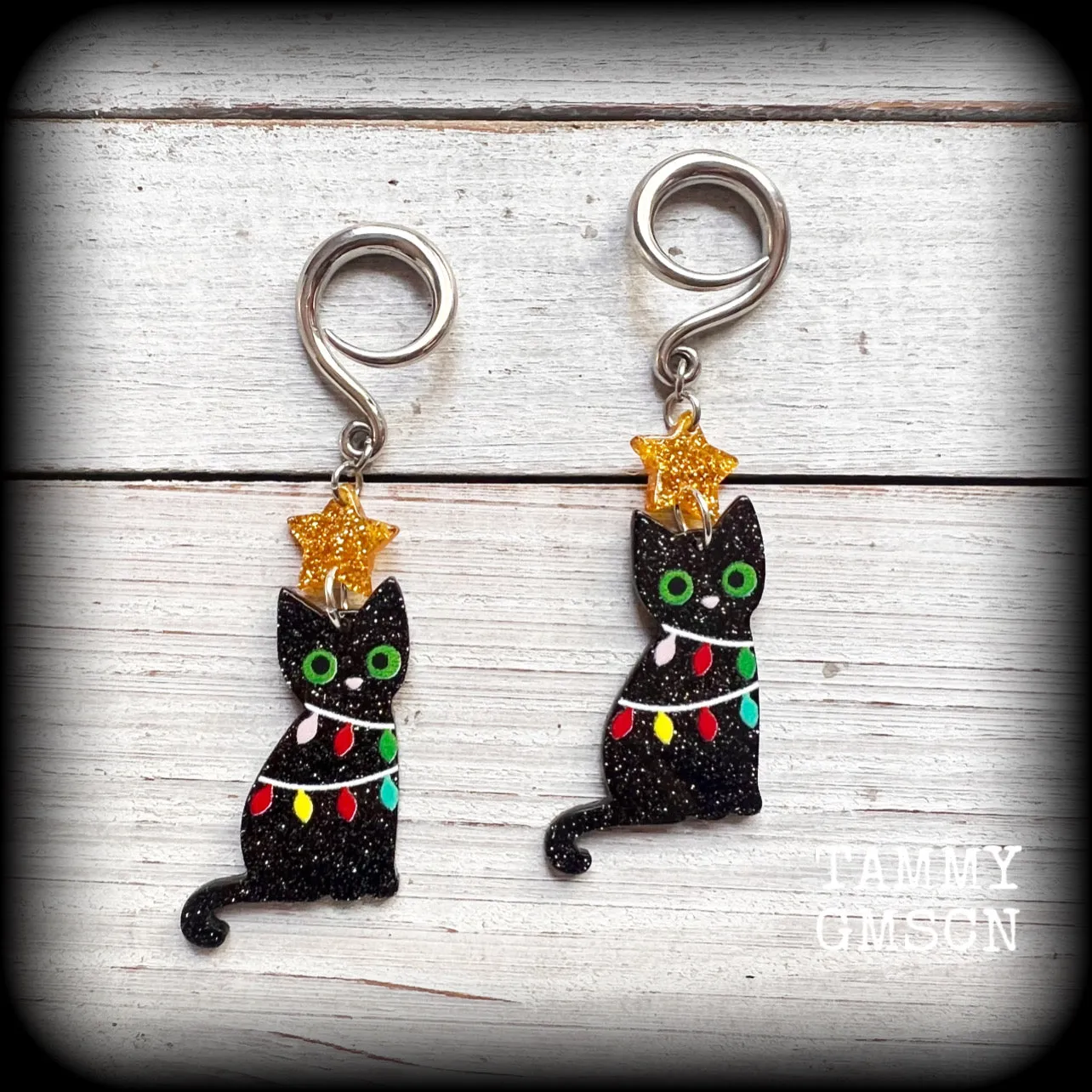 Black cat christmas earrings-Christmas gauged earrings