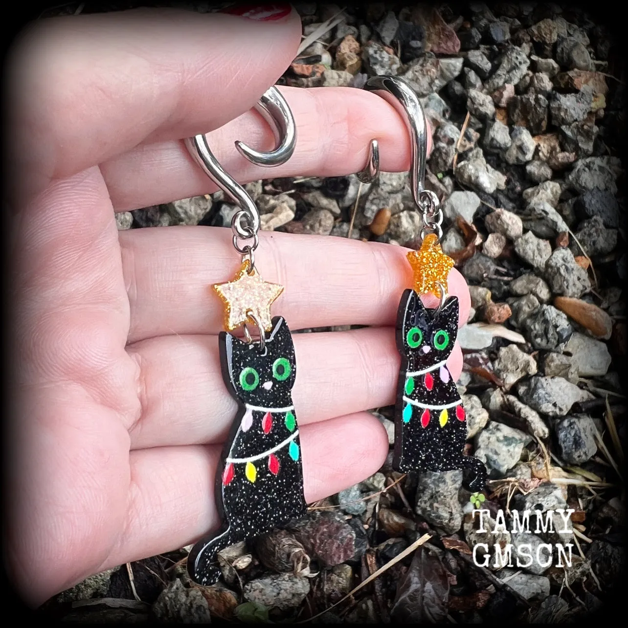 Black cat christmas earrings-Christmas gauged earrings