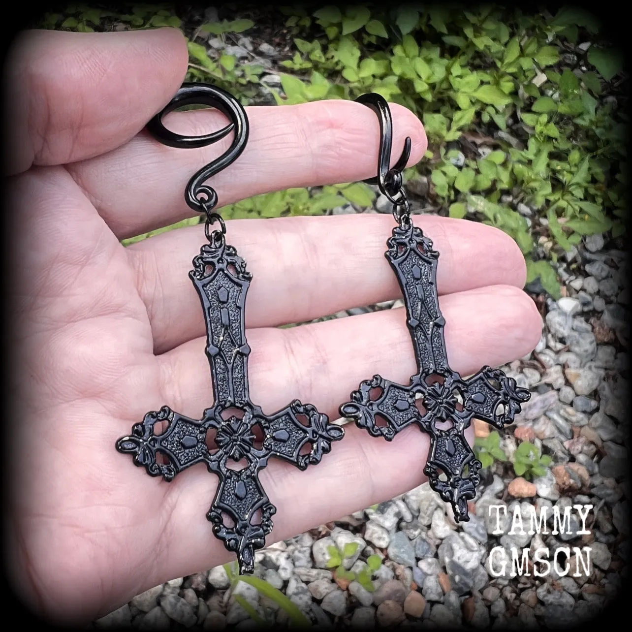 Black inverted cross gauged earrings-Ornate cross Satanic ear weights