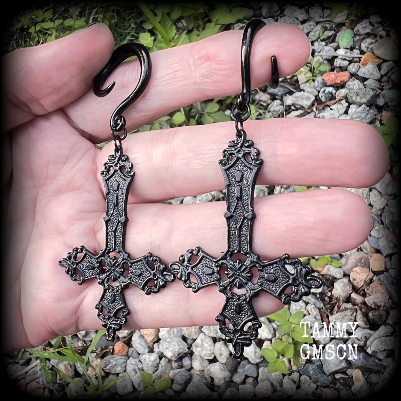 Black inverted cross gauged earrings-Ornate cross Satanic ear weights