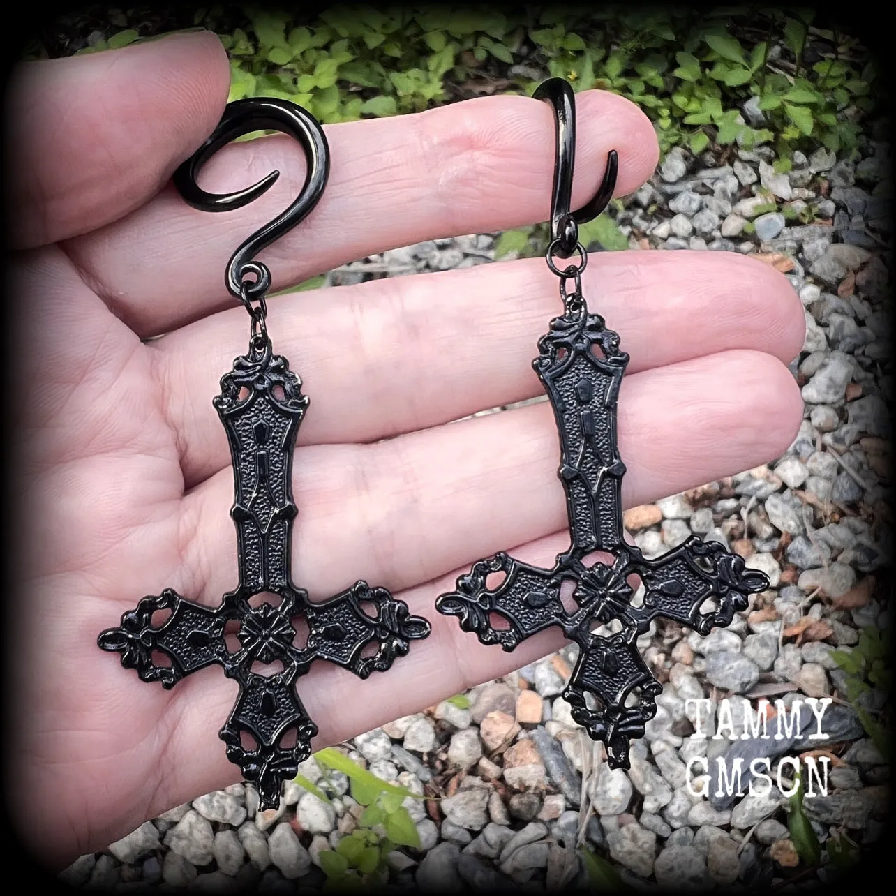 Black inverted cross gauged earrings-Ornate cross Satanic ear weights