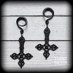 Black inverted cross gauged earrings-Ornate cross Satanic ear weights