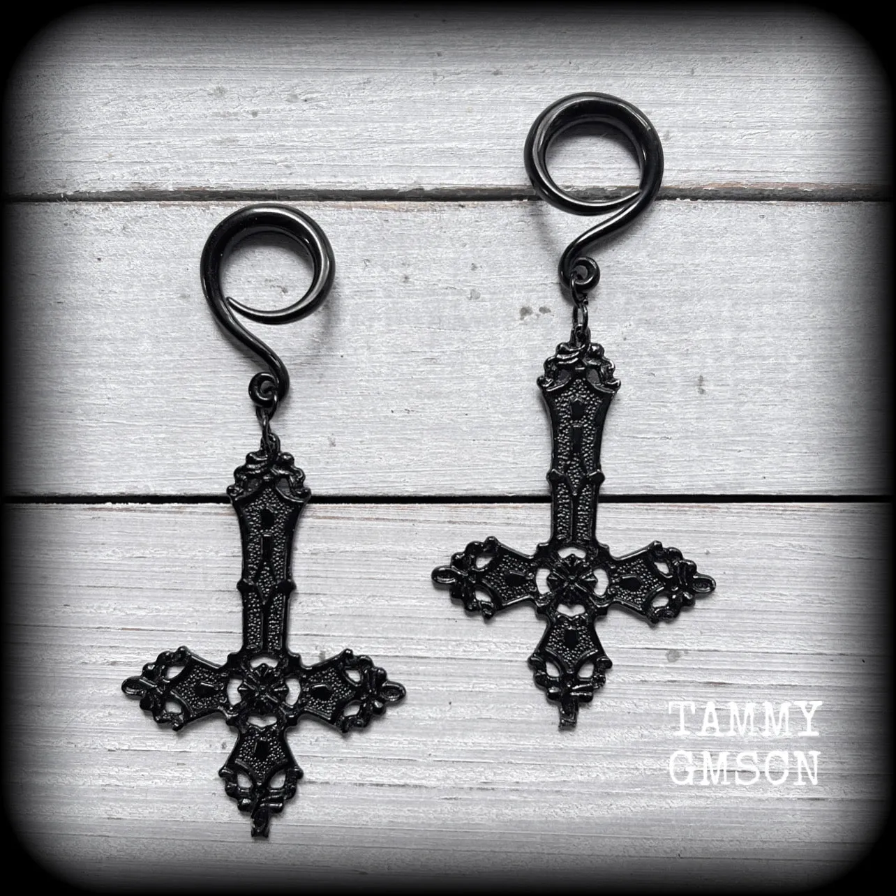 Black inverted cross gauged earrings-Ornate cross Satanic ear weights
