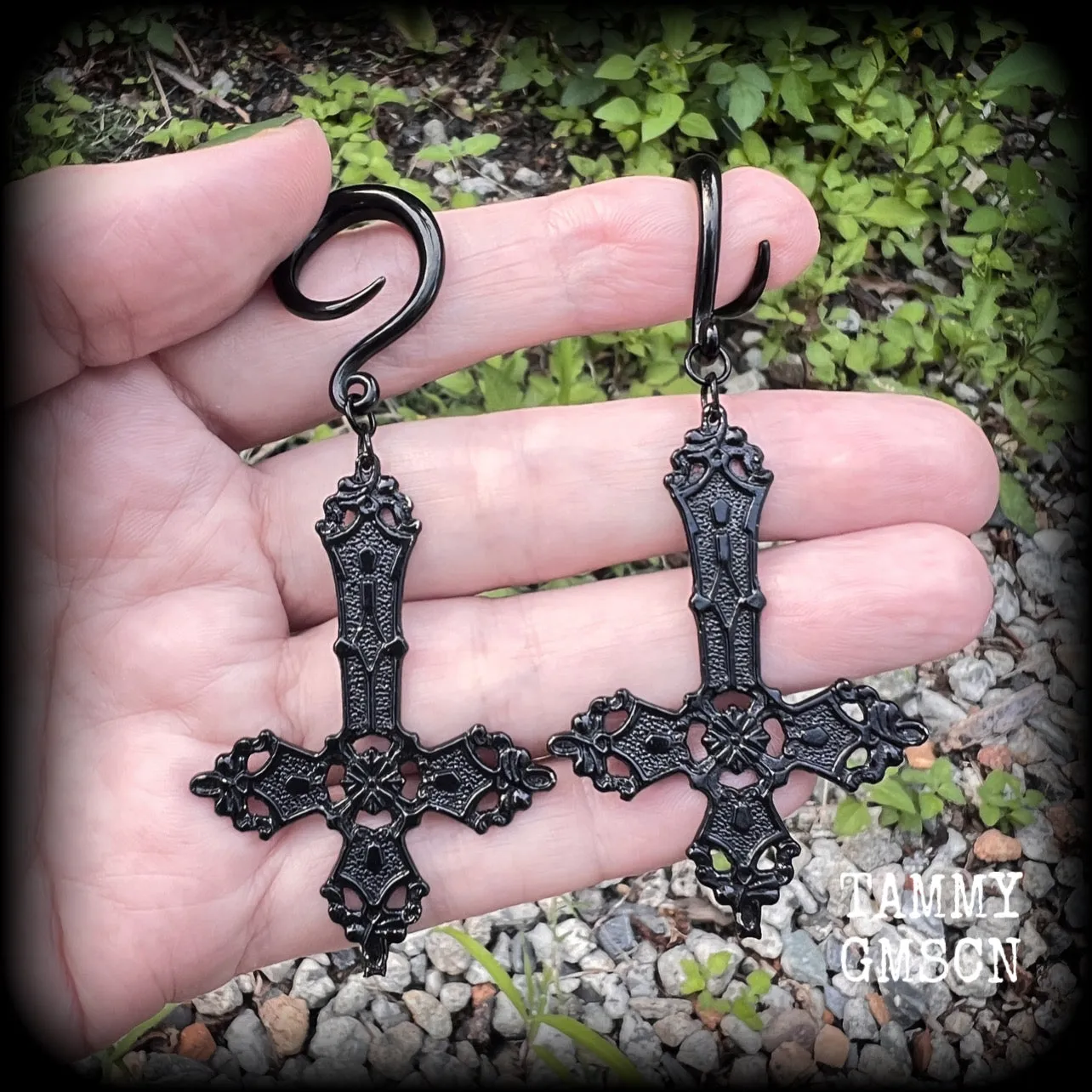 Black inverted cross gauged earrings-Ornate cross Satanic ear weights