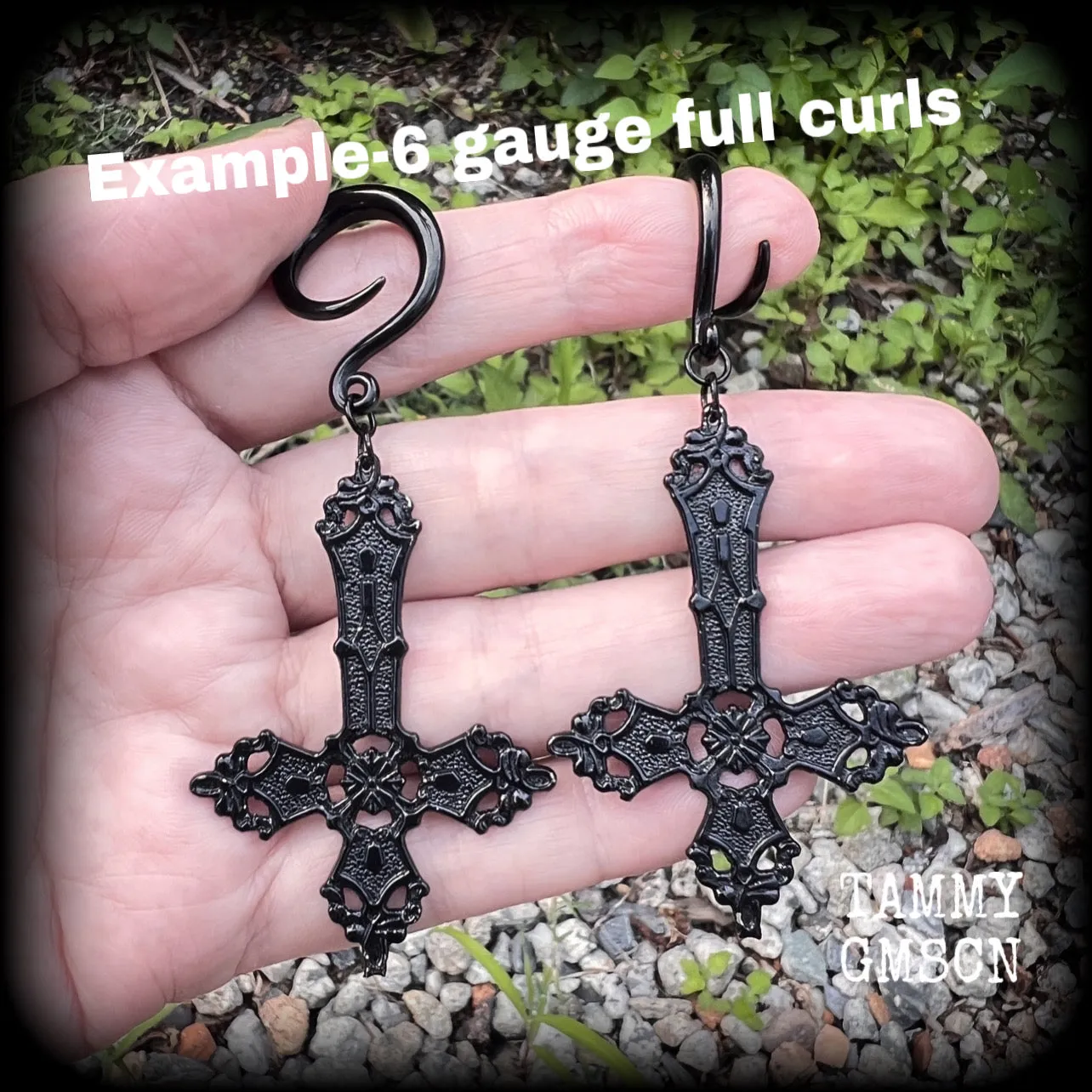 Black inverted cross gauged earrings-Ornate cross Satanic ear weights