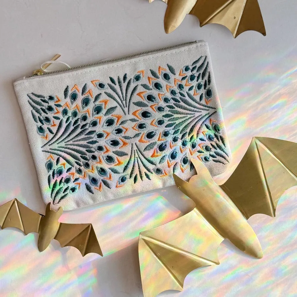 Cream Peacock Embroidered Pouch