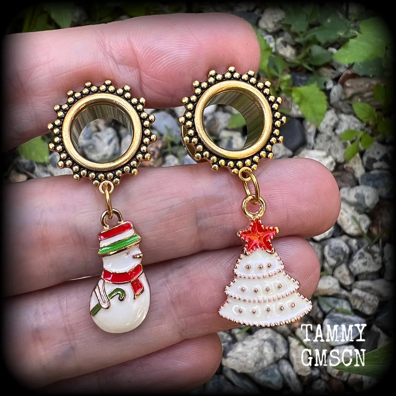 Festive Snowman and Christmas tree tunnel earrings-Christmas earrings