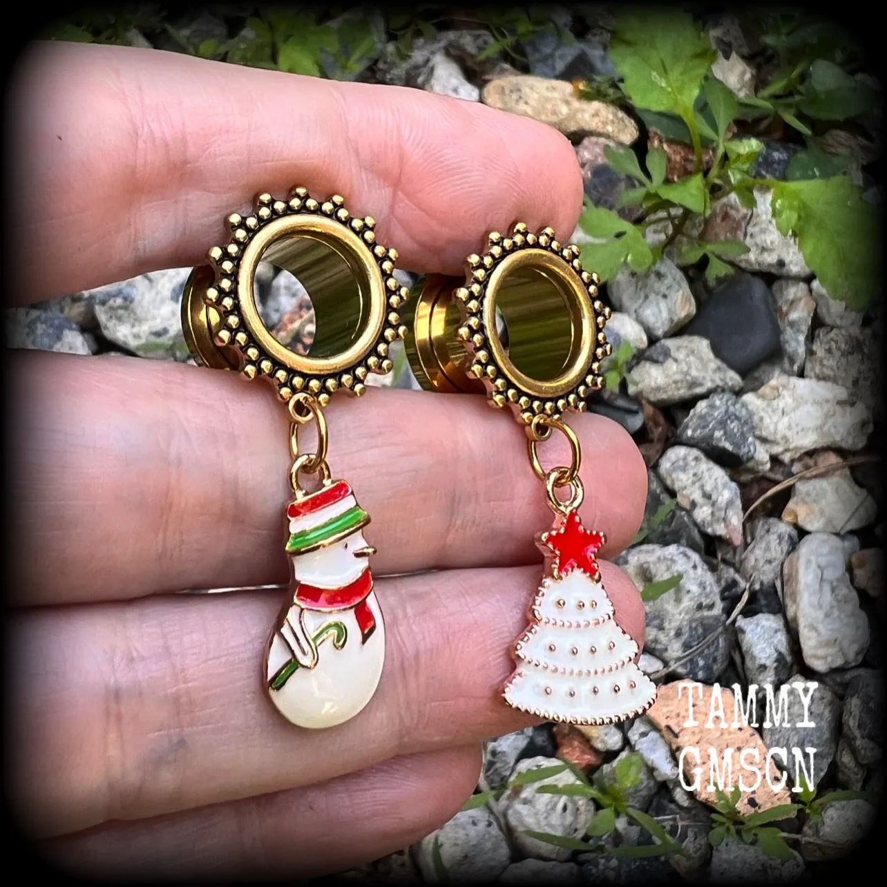 Festive Snowman and Christmas tree tunnel earrings-Christmas earrings