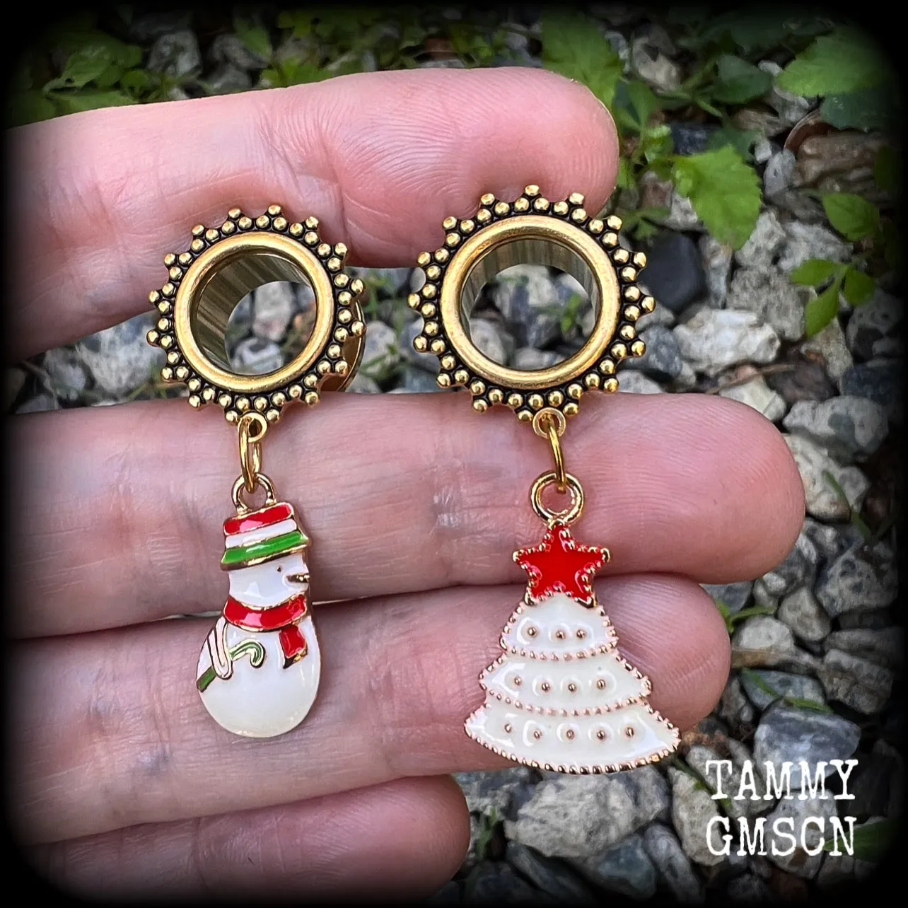 Festive Snowman and Christmas tree tunnel earrings-Christmas earrings