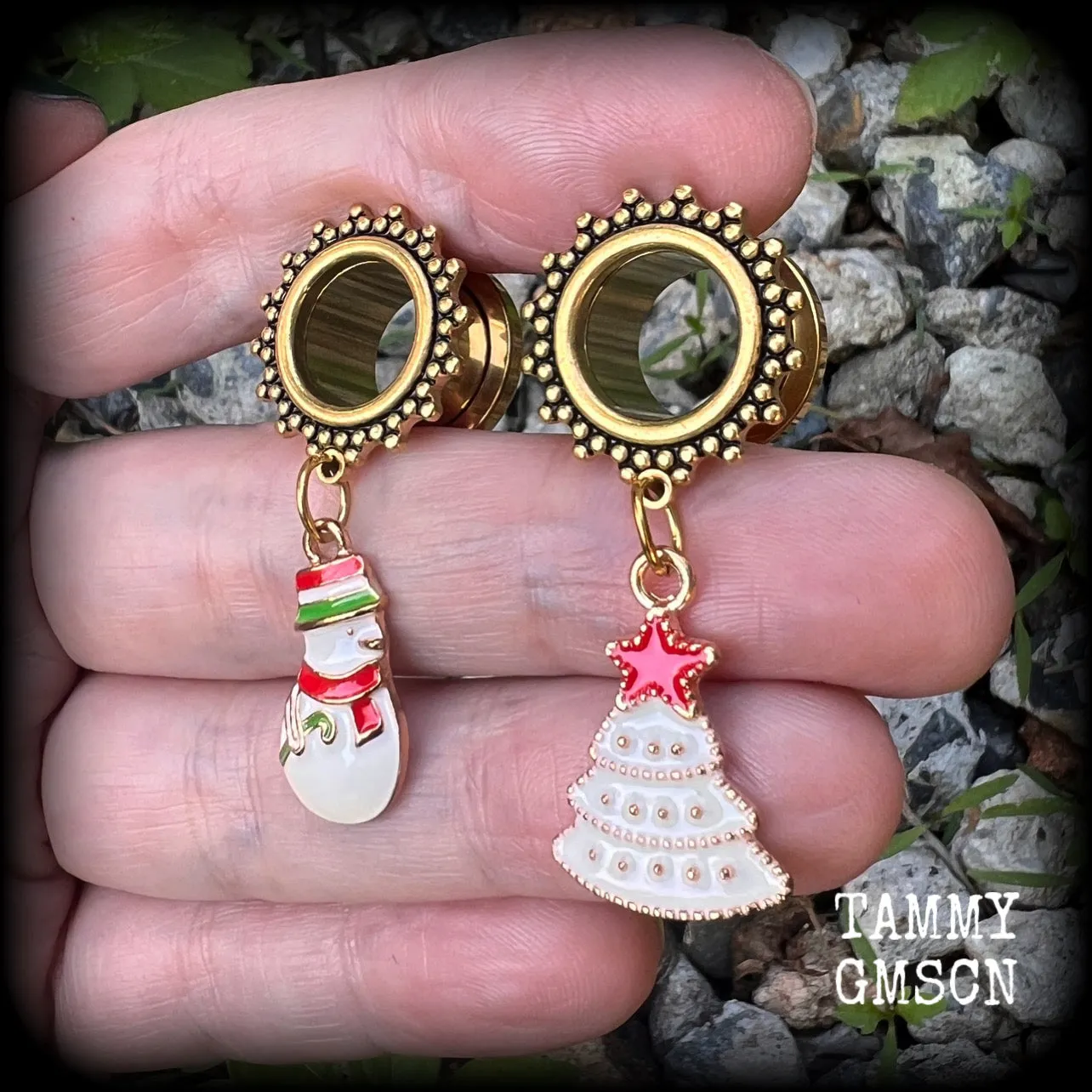 Festive Snowman and Christmas tree tunnel earrings-Christmas earrings