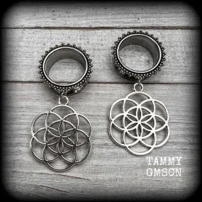 Geometric Flower of life tunnel earrings-Boho tunnel dangles