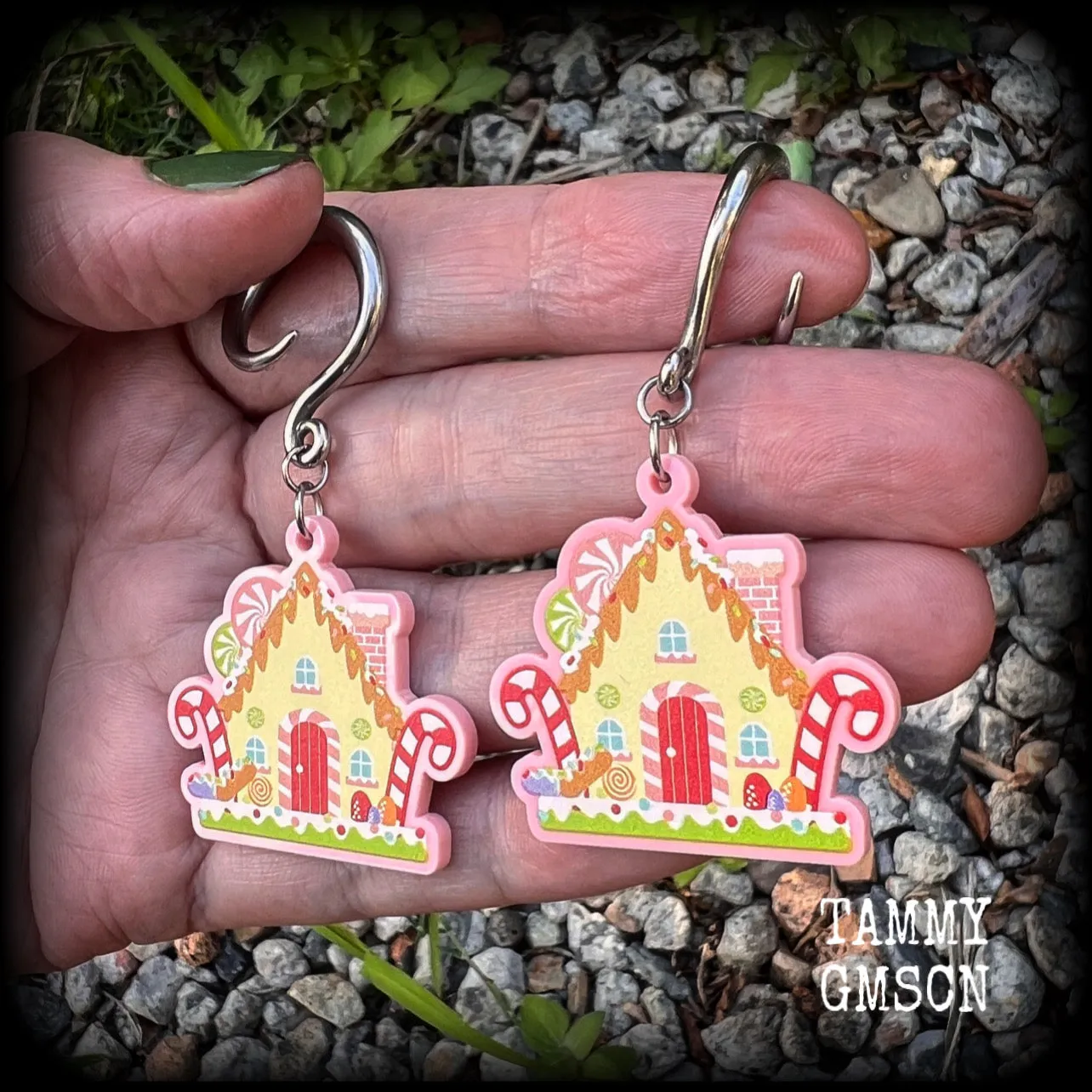 Gingerbread house Yule earrings-Christmas gauged earrings