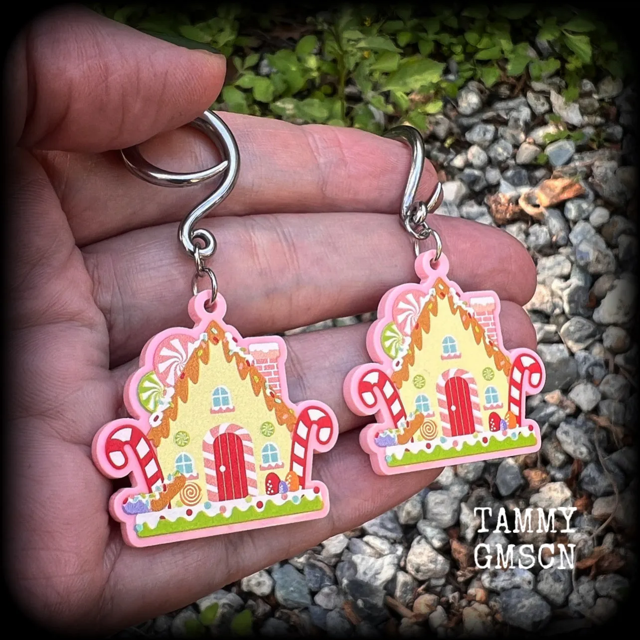 Gingerbread house Yule earrings-Christmas gauged earrings