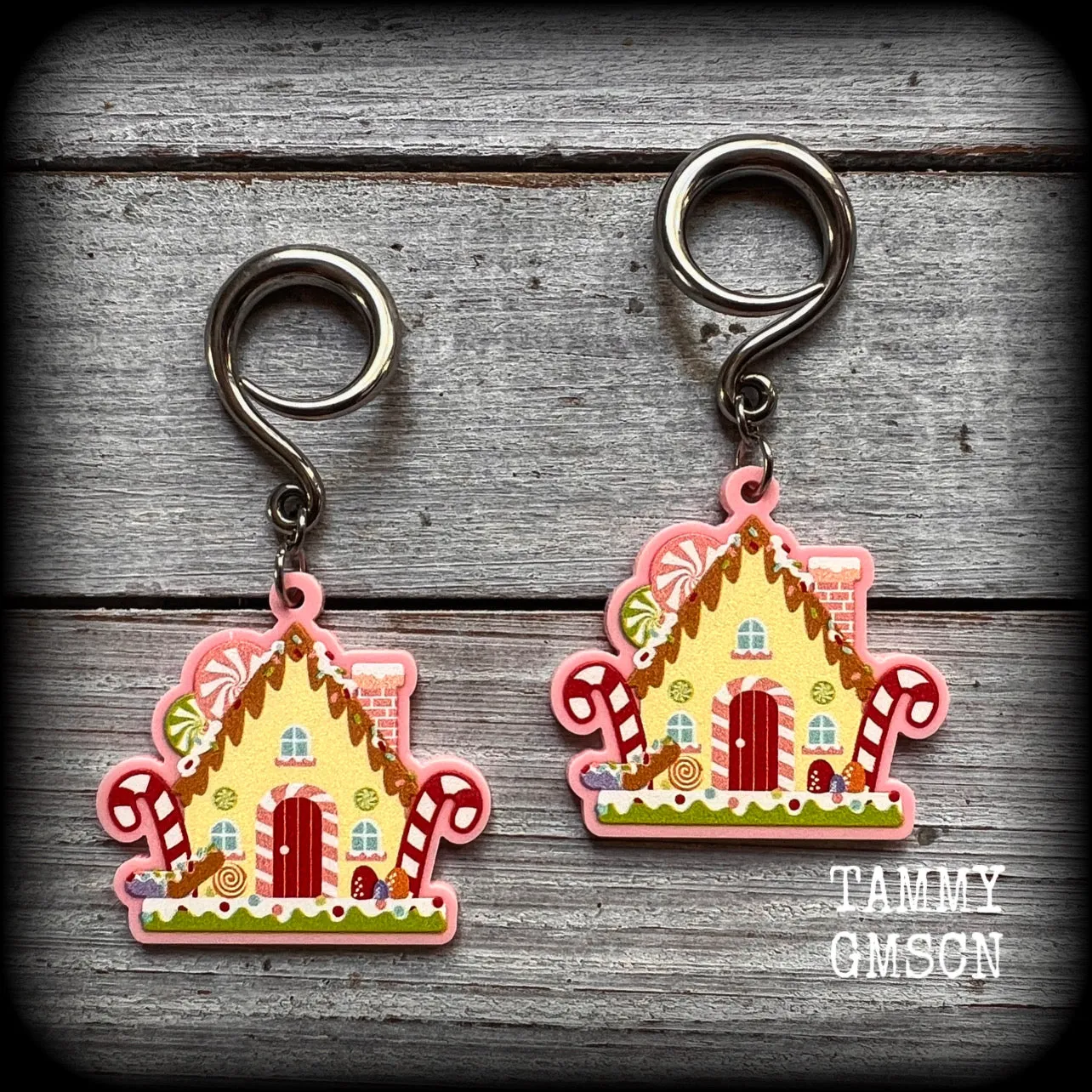 Gingerbread house Yule earrings-Christmas gauged earrings