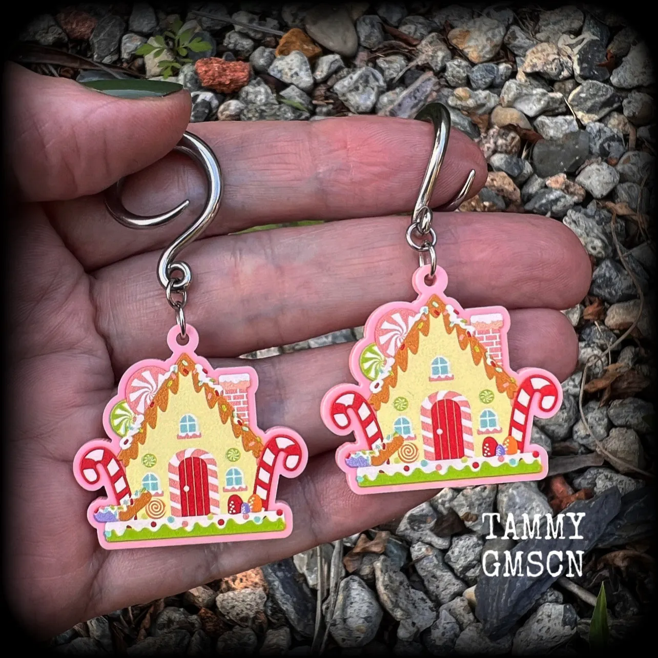 Gingerbread house Yule earrings-Christmas gauged earrings