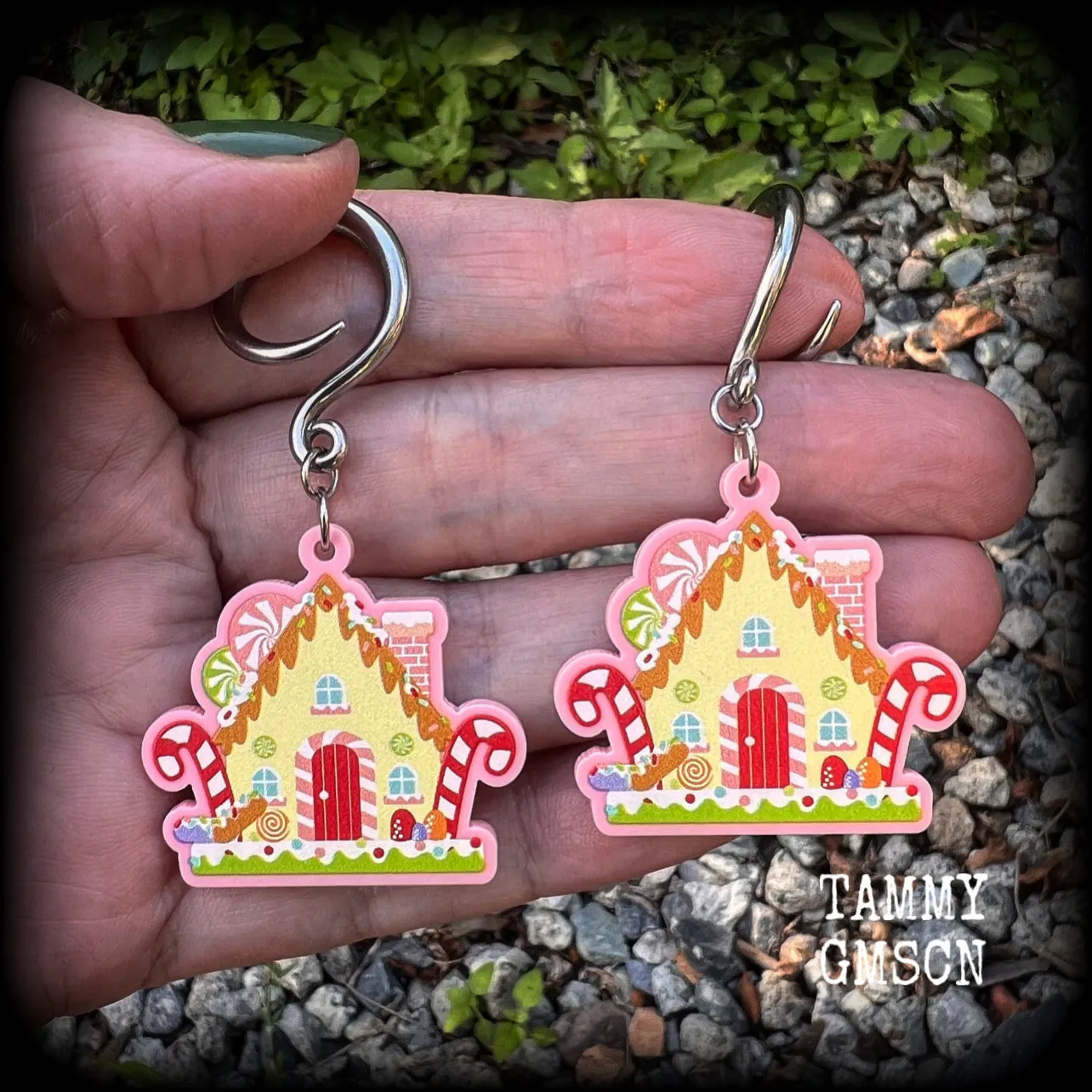 Gingerbread house Yule earrings-Christmas gauged earrings