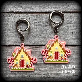 Gingerbread house Yule earrings-Christmas gauged earrings
