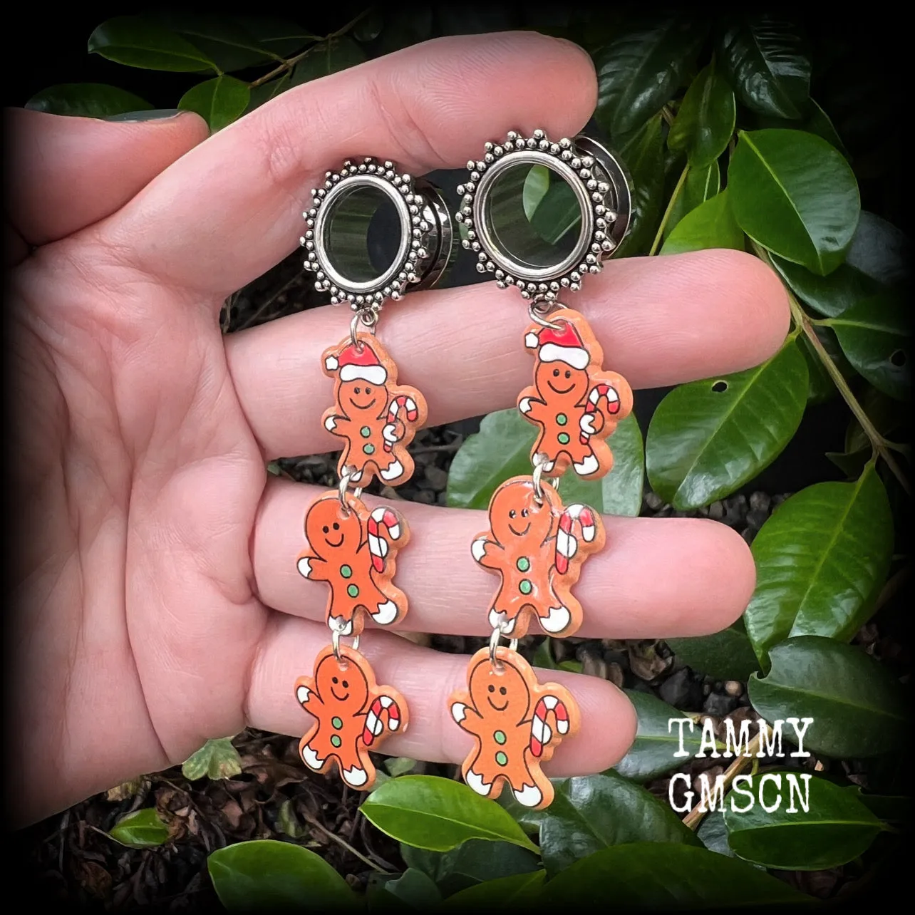 Gingerbread man tunnel earrings-Christmas tunnel dangles