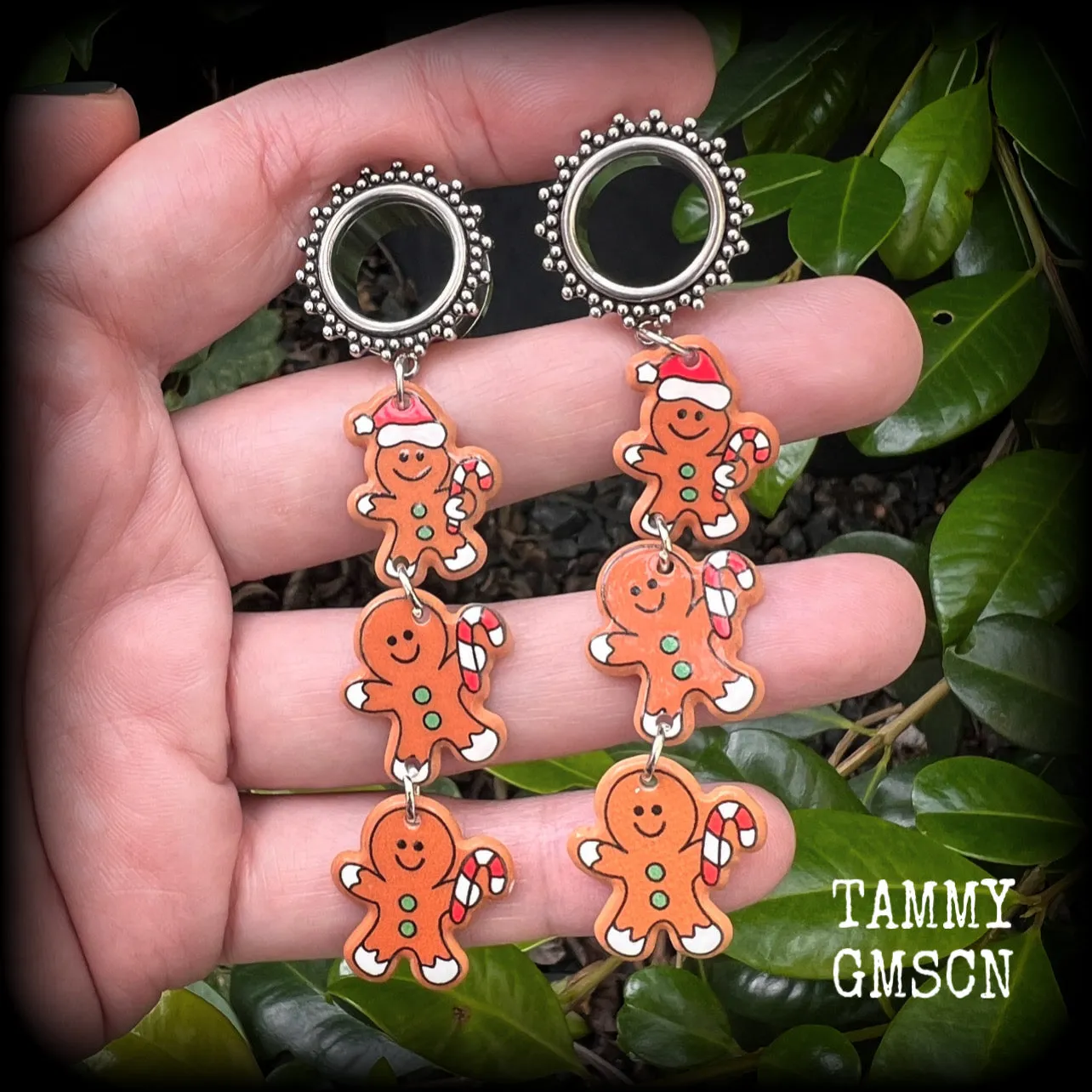 Gingerbread man tunnel earrings-Christmas tunnel dangles