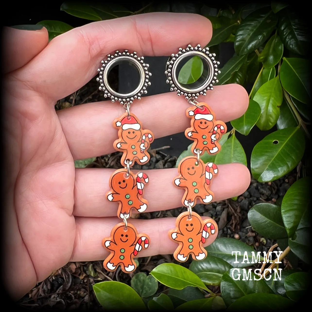 Gingerbread man tunnel earrings-Christmas tunnel dangles