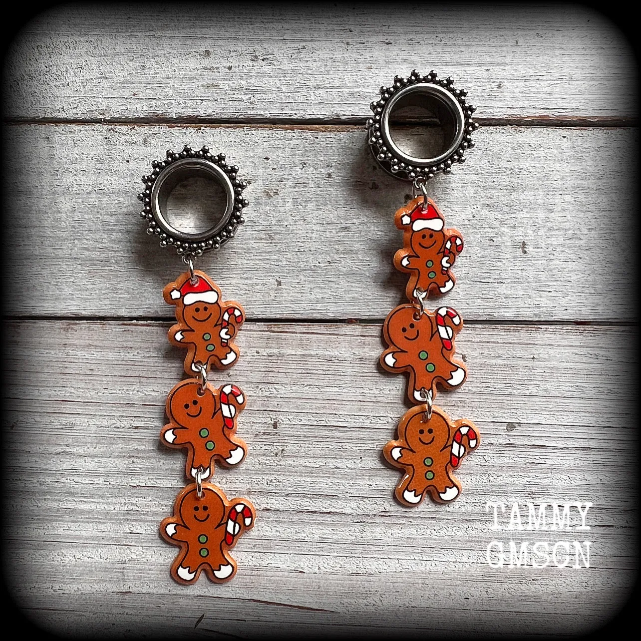 Gingerbread man tunnel earrings-Christmas tunnel dangles