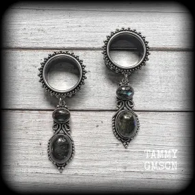 Labradorite tunnel dangles-Ornate tunnel earrings