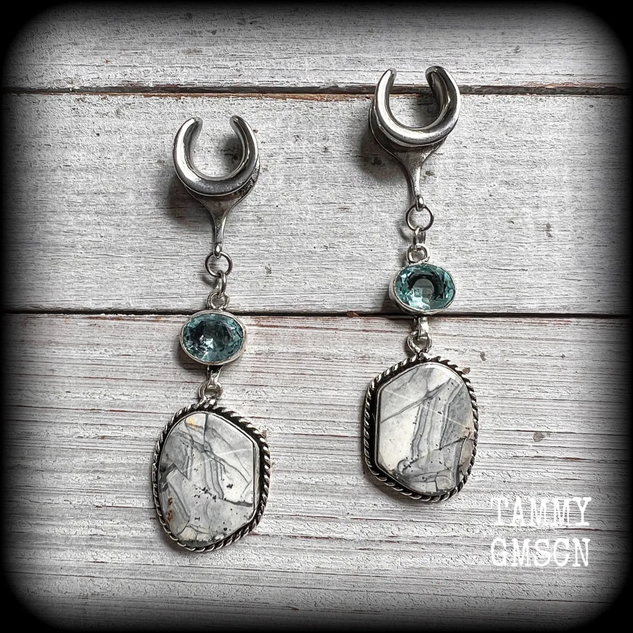 Lace agate and blue topaz gauged earrings-Gemstone ear hangers