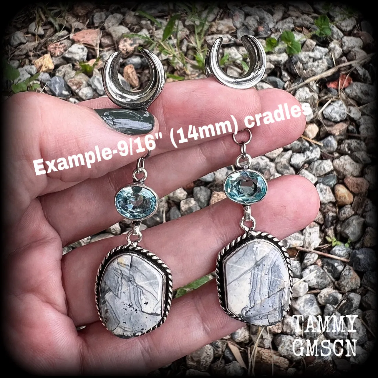 Lace agate and blue topaz gauged earrings-Gemstone ear hangers
