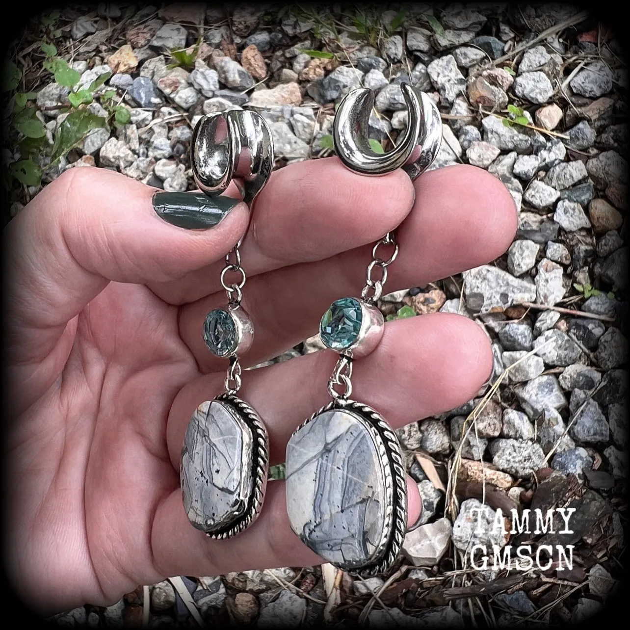 Lace agate and blue topaz gauged earrings-Gemstone ear hangers
