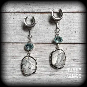 Lace agate and blue topaz gauged earrings-Gemstone ear hangers