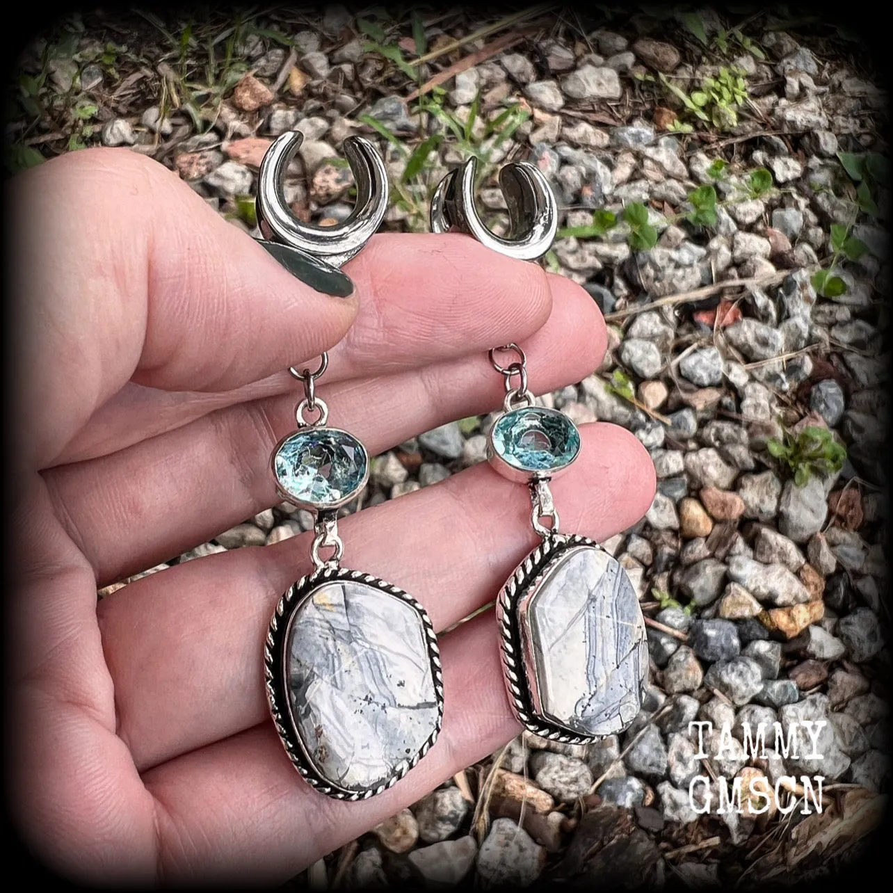 Lace agate and blue topaz gauged earrings-Gemstone ear hangers