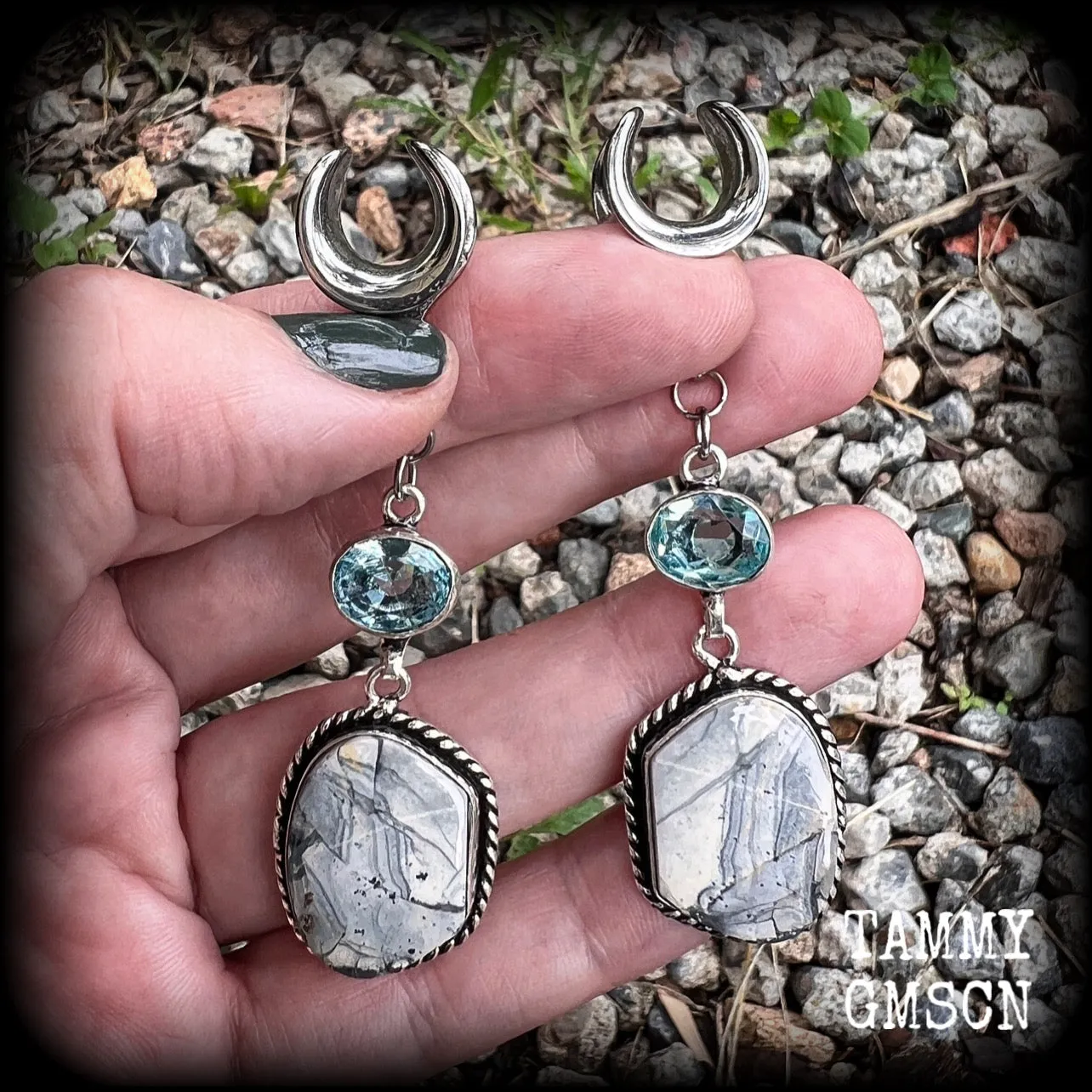 Lace agate and blue topaz gauged earrings-Gemstone ear hangers