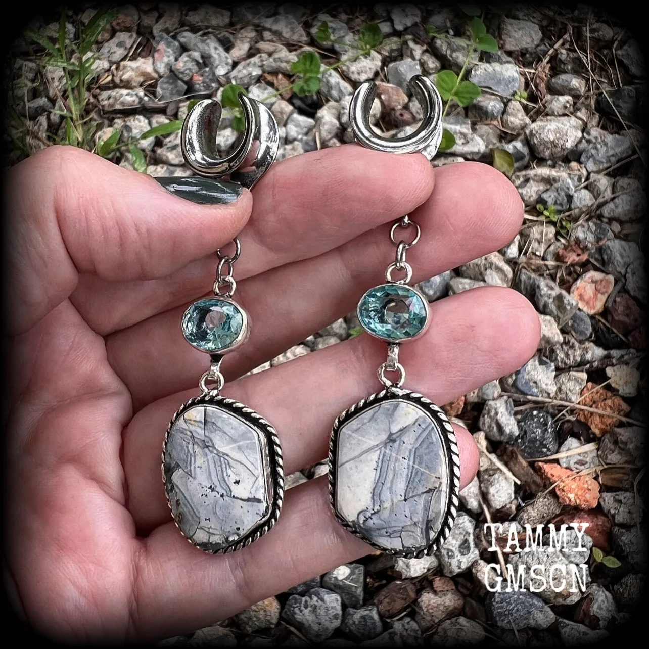 Lace agate and blue topaz gauged earrings-Gemstone ear hangers