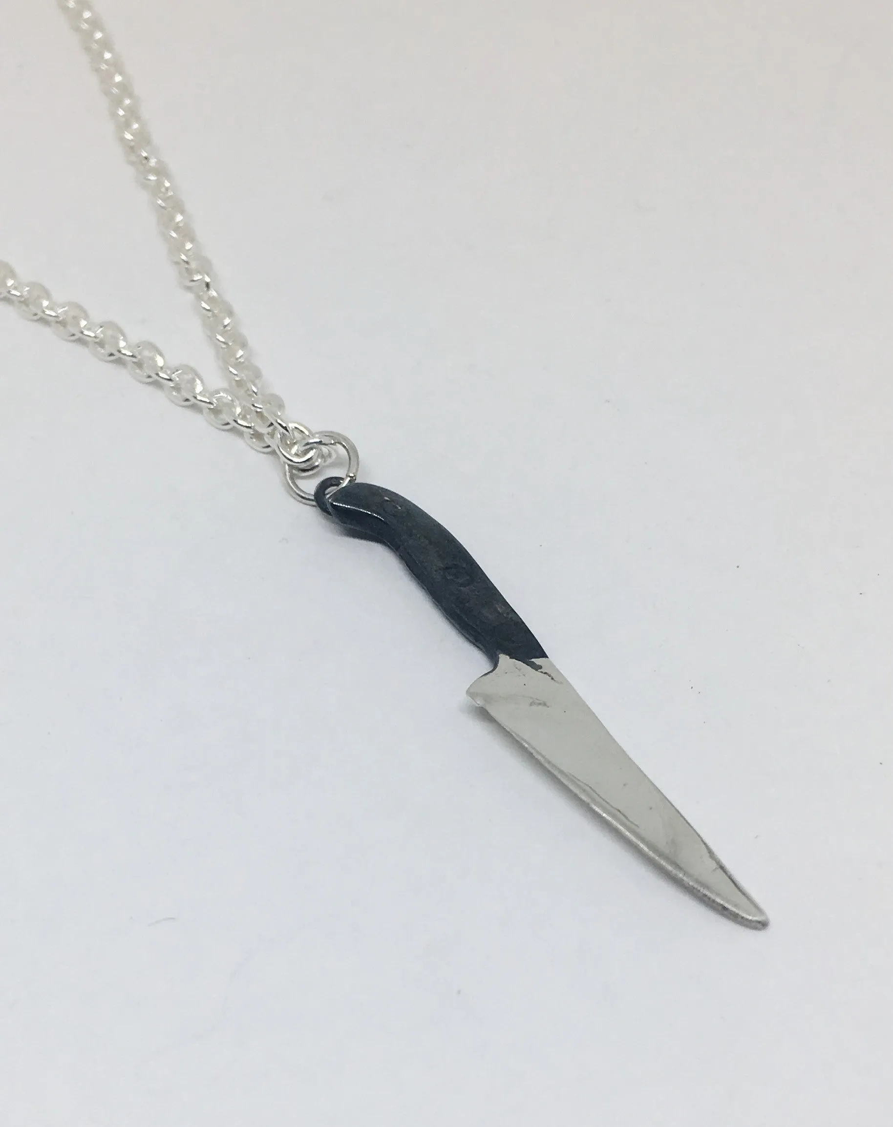 Large Sterling Chef Knife Pendant Necklace with Black Handle