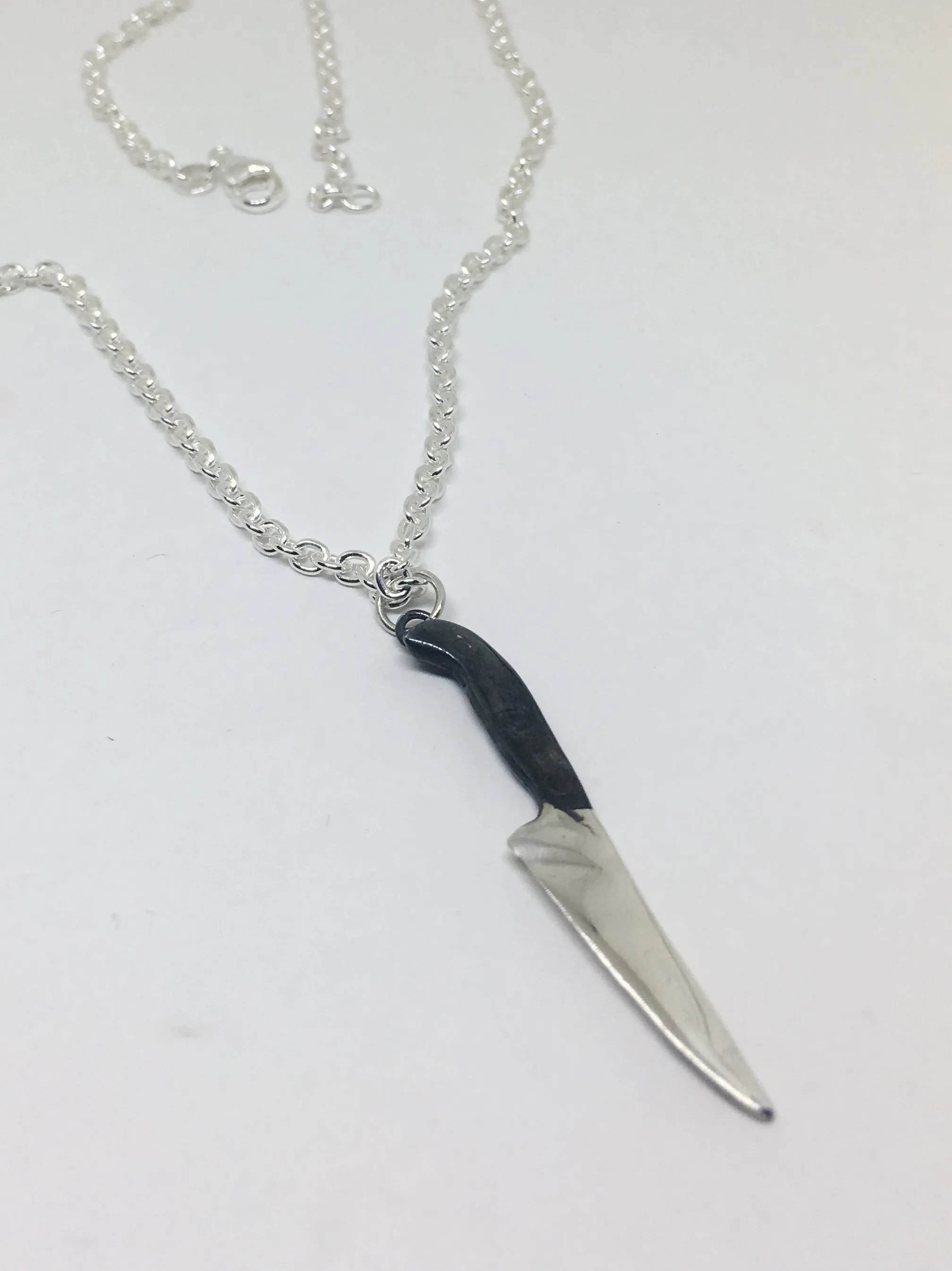 Large Sterling Chef Knife Pendant Necklace with Black Handle