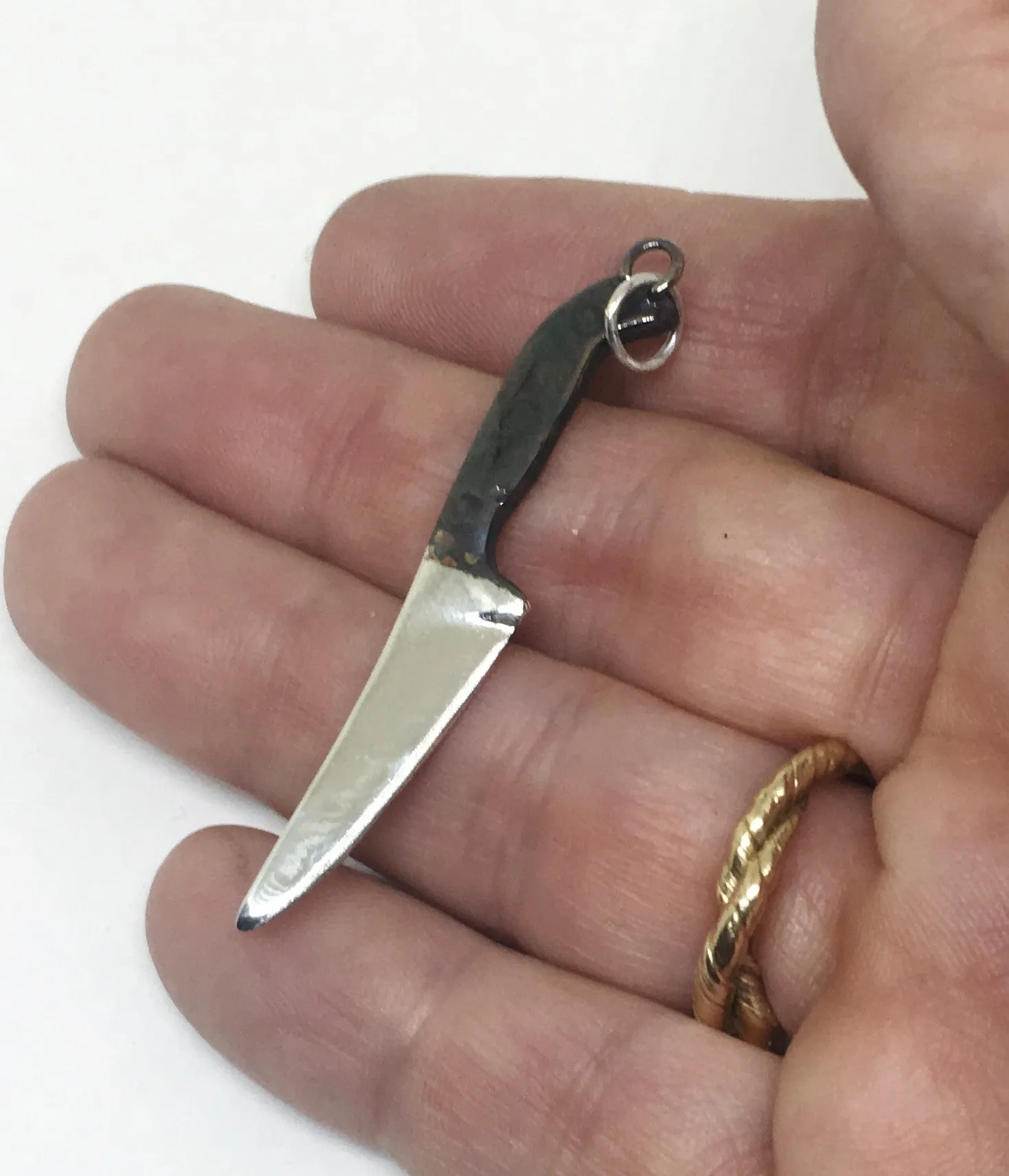 Large Sterling Chef Knife Pendant Necklace with Black Handle