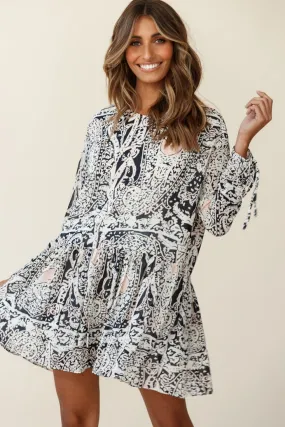 Mina Long Sleeve Button Back Shift Dress Ornate Print Navy