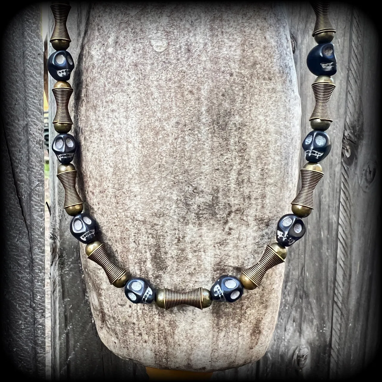 Ogoun necklace-Antique bronze and stone tribal necklace