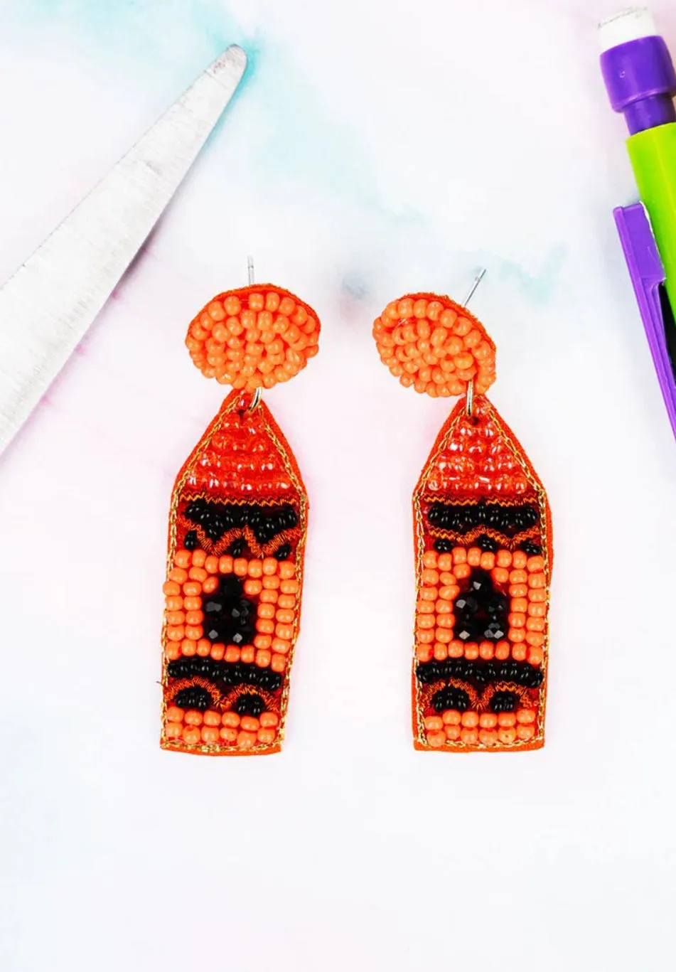 Orange Crayon Beaded Earrings