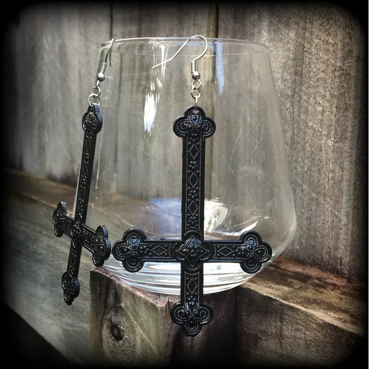 Ornate black inverted cross earrings