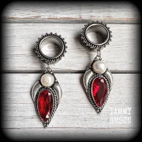Ornate Garnet gemstone tunnel dangles-Ear gauges