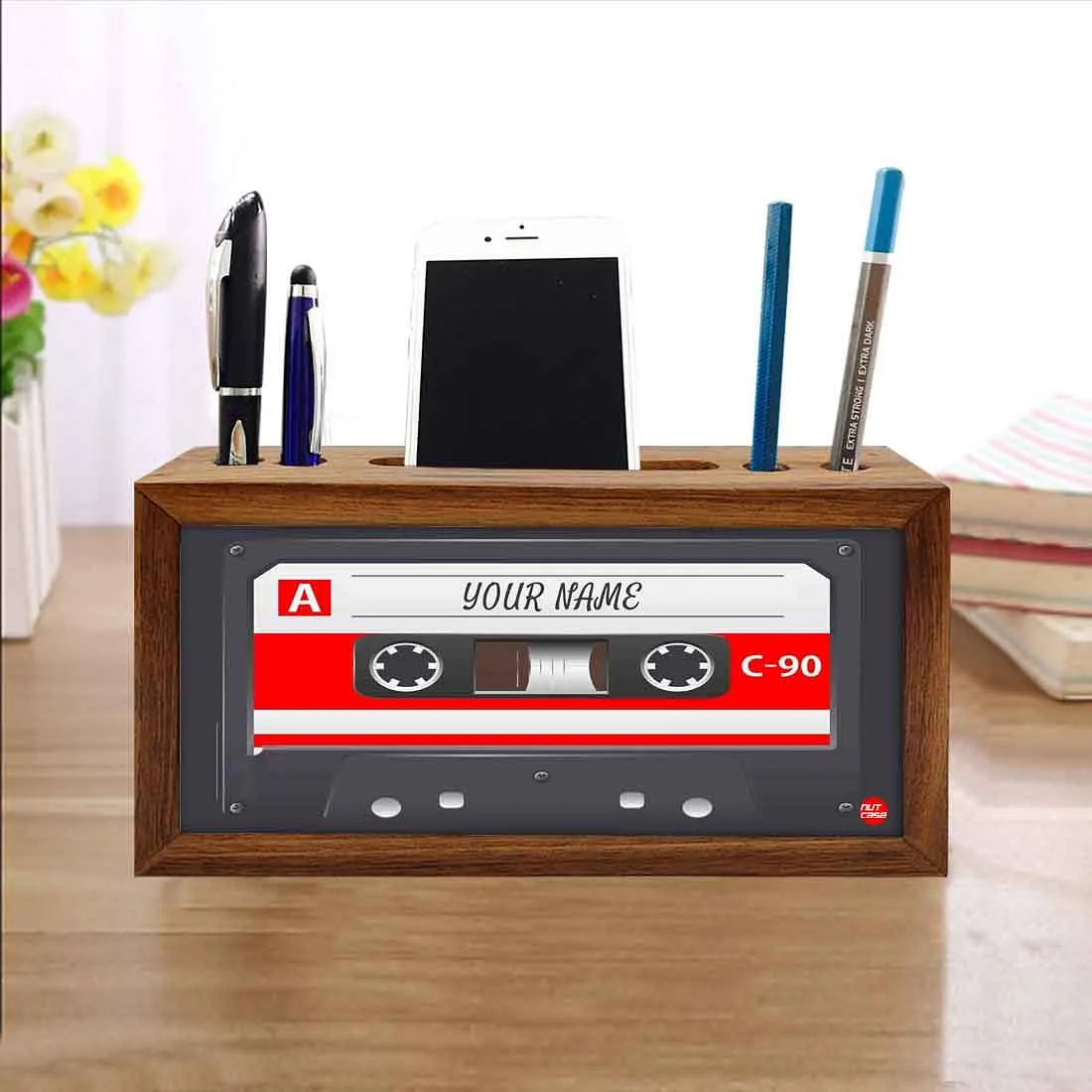 Personalized Wooden Table Organizer - Gray Cassette