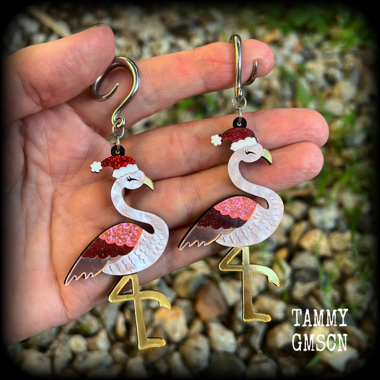 Pink flamingo earrings-Christmas gauged earrings