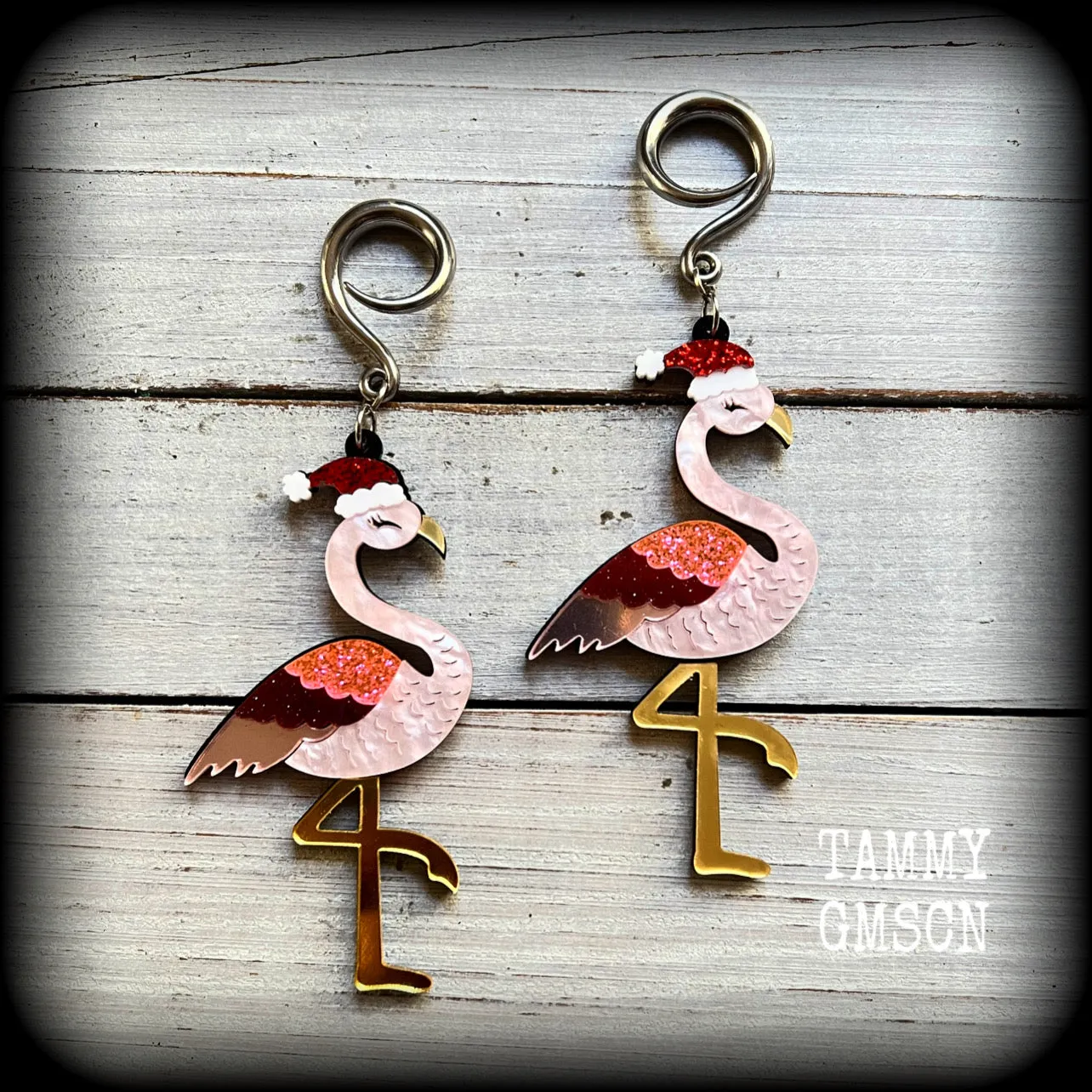Pink flamingo earrings-Christmas gauged earrings